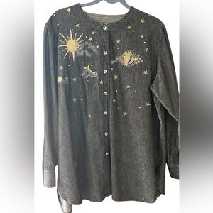 Quacker Factory Black Denim Shirt with Astrology Embroidery